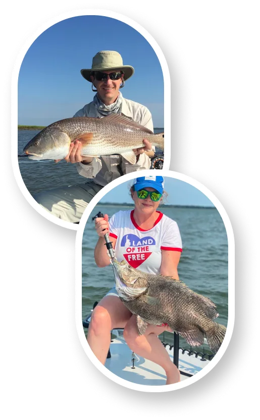Anglers holding a redfish and a black drum